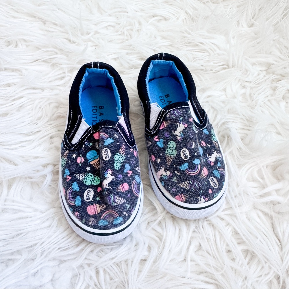 Basic Editions Slip On Sneakers Toddler Girls Size 6 Black Print Shoes